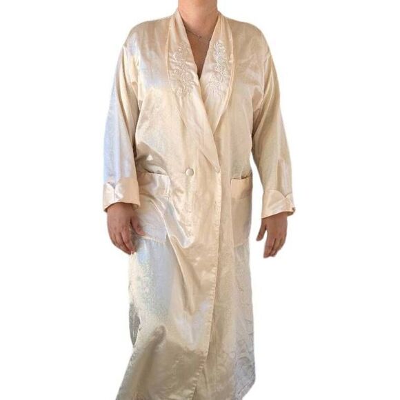 Vintage 80s Victoria's Secret Satin Maxi Robe Embroidered Collar V Neck Size S - Picture 2 of 8